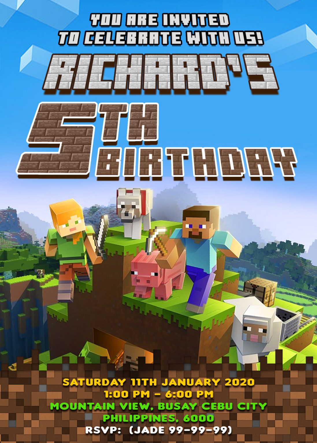 Minecraft Birthday Invitation Card, Minecraft for kids, Minecraft ...