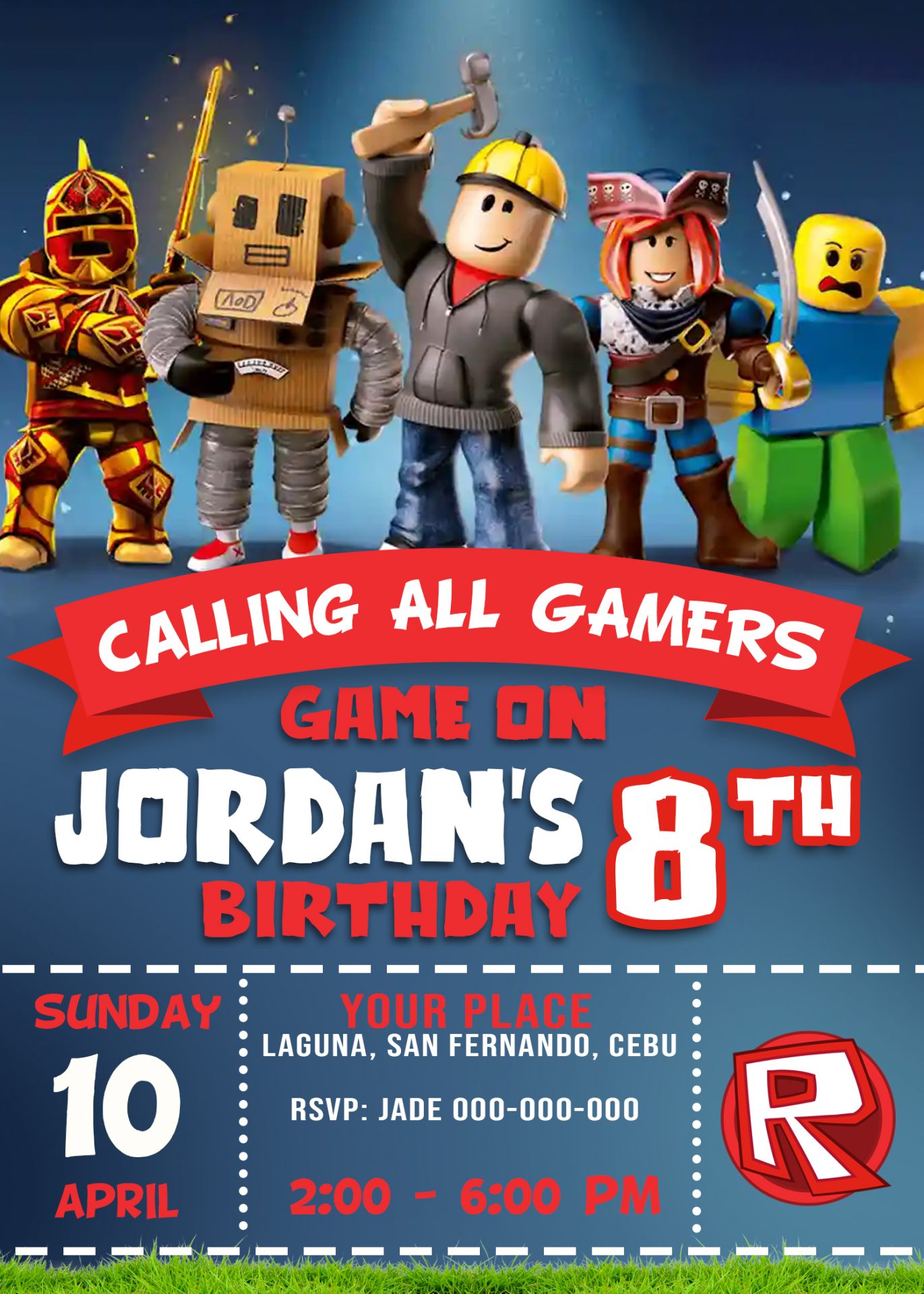 Roblox Birthday Party Invitation 4 X 6 Or 5 X 7 Printable 1363 Jamakodesigns - free printable roblox invitation template