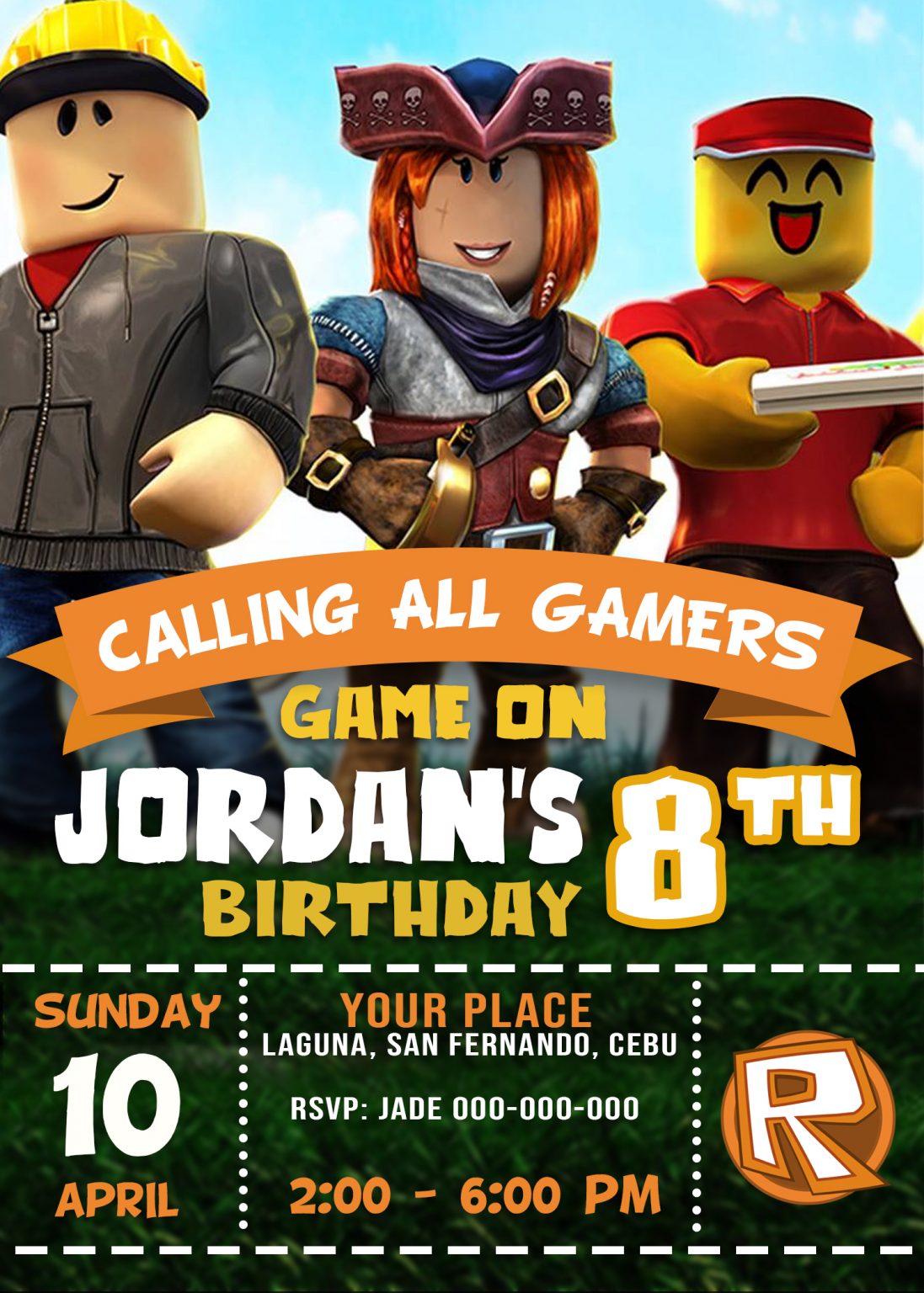 ROBLOX Birthday Party Invitation 4 X 6 Or 5 X 7 Printable 1363 