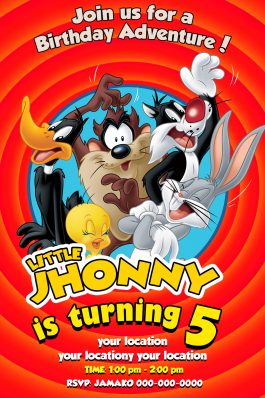Looney Tunes Birthday Invitation Card, 4 x 6 or 5 x 7 1632 – Jamakodesigns