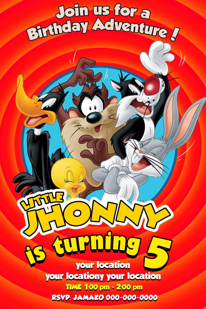 Looney Tunes Birthday Invitation Card, 4 x 6 or 5 x 7 1632 - Jamakodesigns