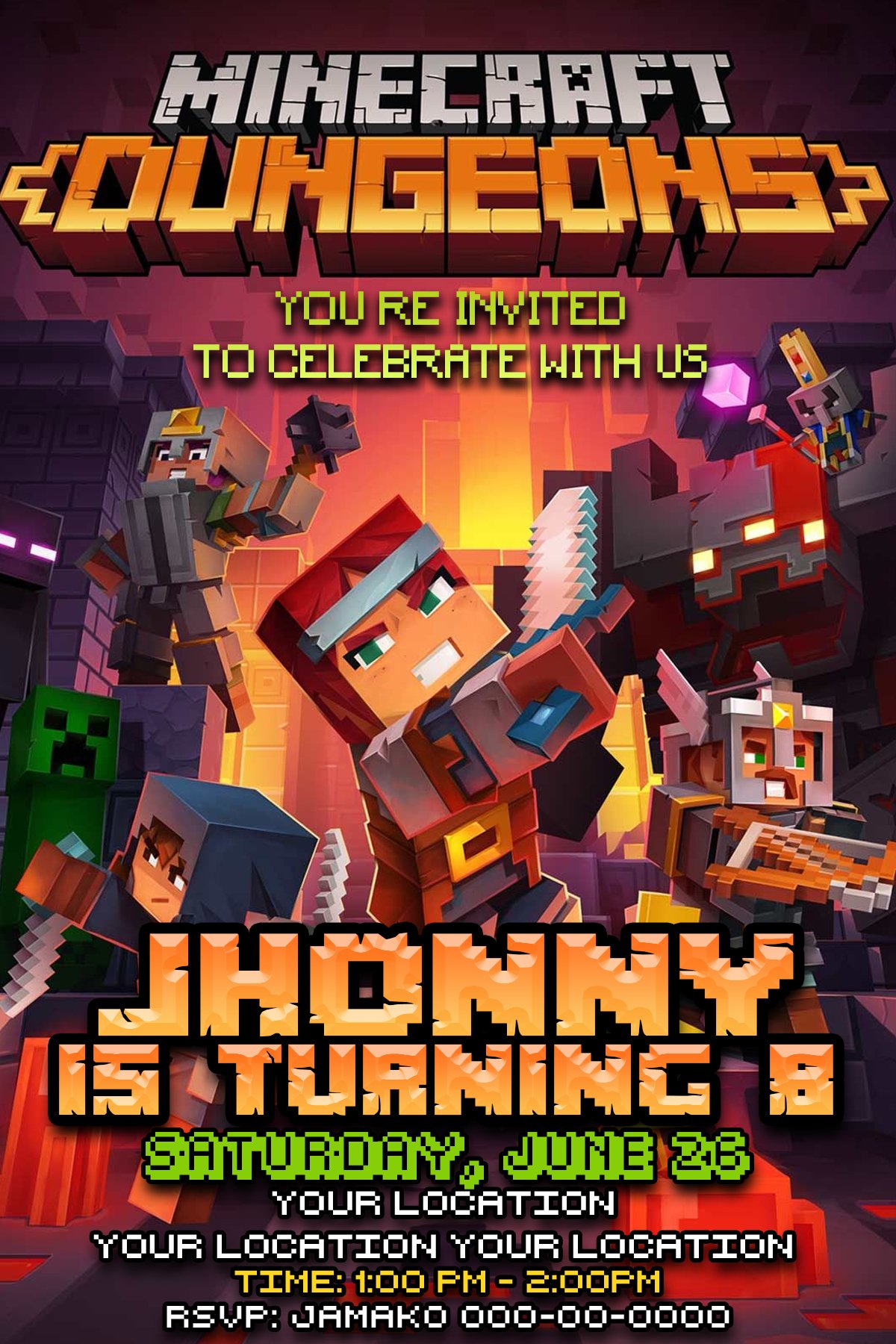 Minecraft Birthday Invitation Card 4 X 6 Or 5 X 7 Printable 1609 