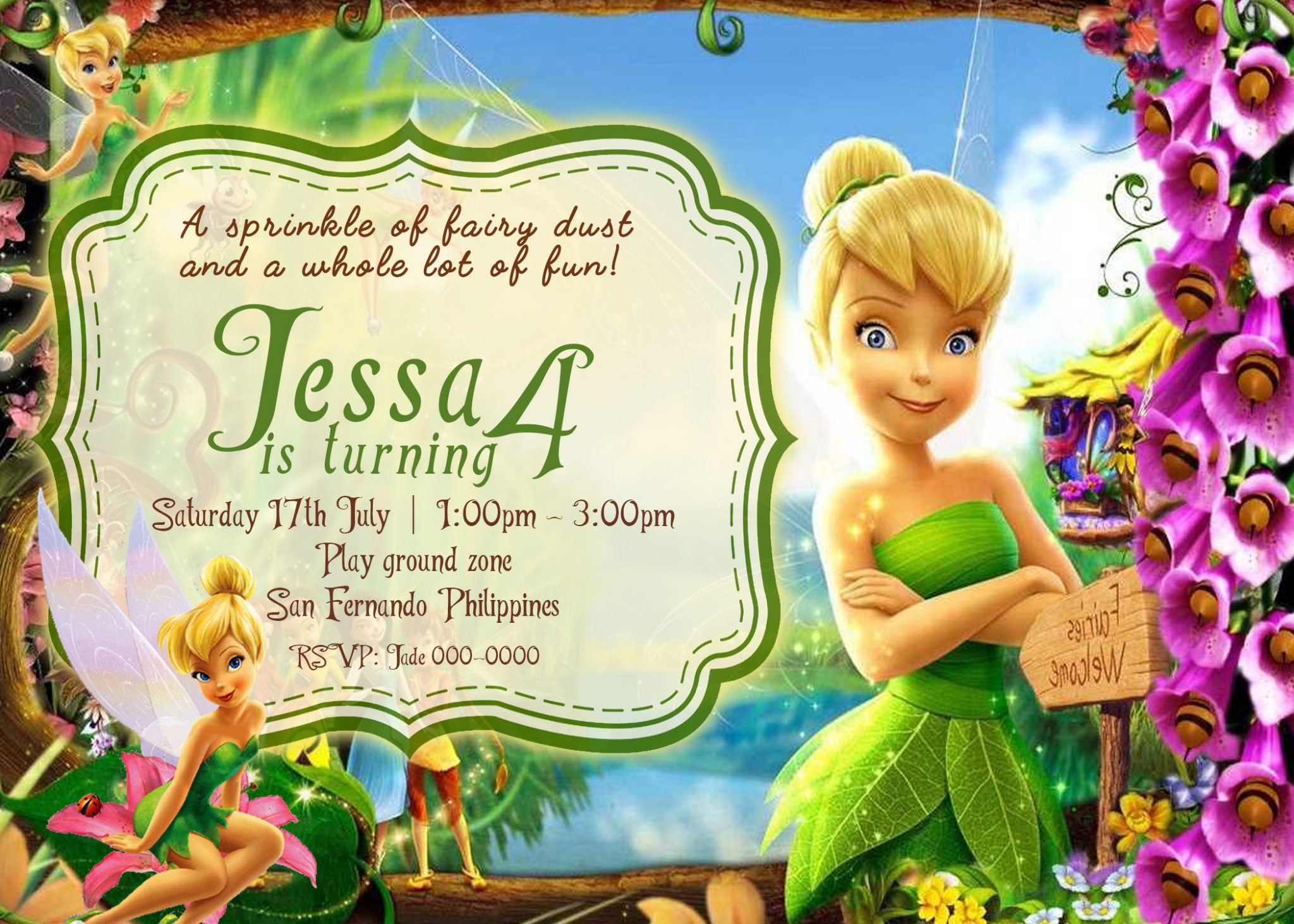 Tinkerbell Birthday Invitation Card 4 X 6 Or 5 X 7 1697 Jamakodesigns