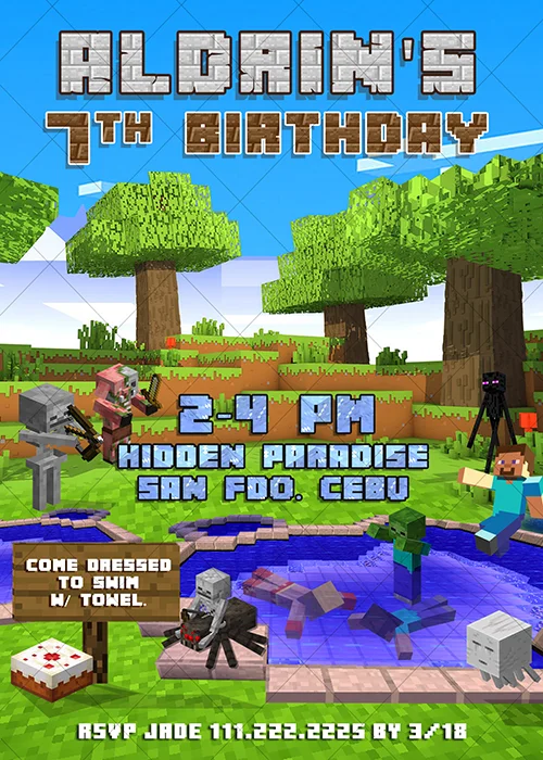 Minecraft Birthday Invitation Card, 4 x 6 or 5 x 7 Printable 1611