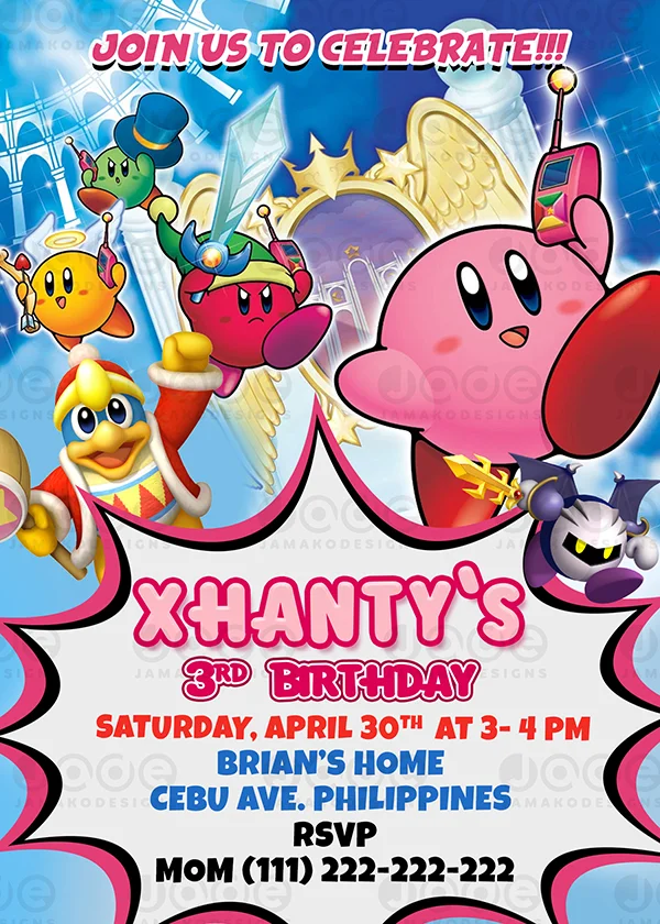 Kirby video games Digital Birthday invitation template -