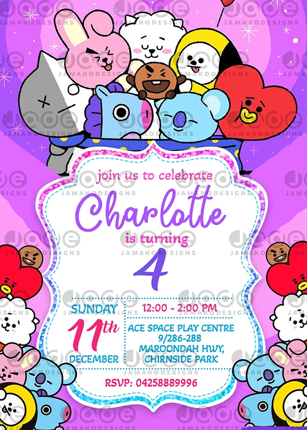 BTS Invitation for BTS Birthday Party Invite for BT21 Party -   Birthday  invitation card template, Birthday card template, Birthday invitations