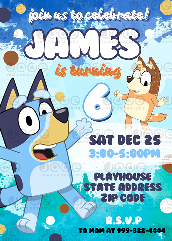 Digital Bluey Birthday Invitations 4 x 6 or 5 x 7 Free Backside